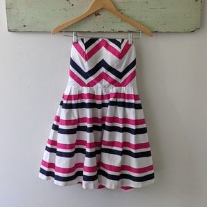MINUET I Fit & Flare Navy, Pink & White Chevron Striped Strapless Mini Dress, S
